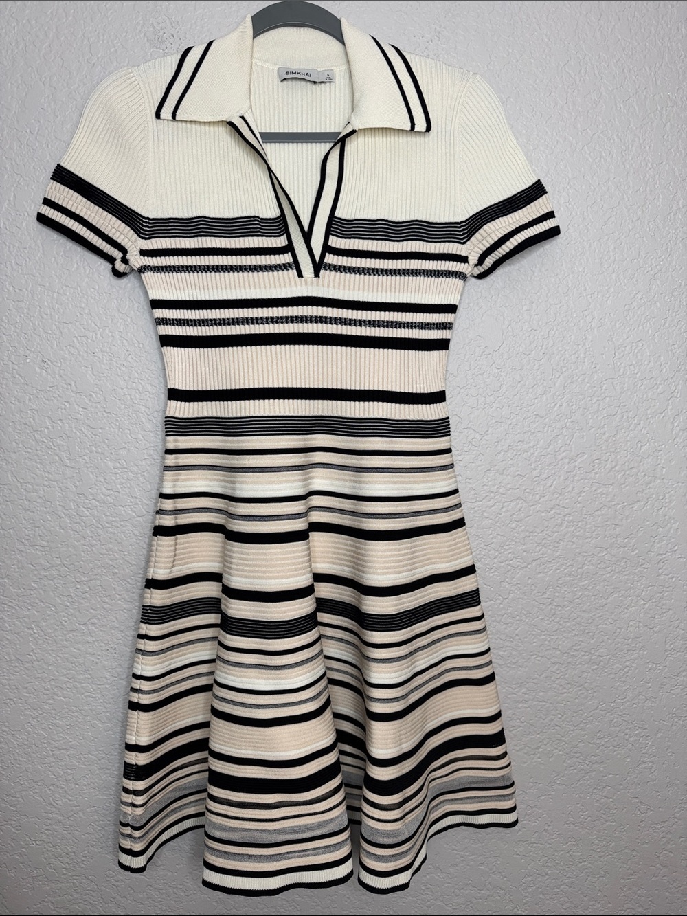 NEW SIMKHAI Dessie Striped Ribbed Knit Mini Dress Medium Cream Black - Picture 2 of 7